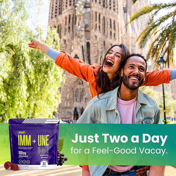 Travel Essential, Immune and Stress Support Gummy, Elderberry, Vitamin C, D, Zinc, Echinacea, Astragalus, Quercetin, Bromelain, Travel Immunity, Flight Essentials, 60ct