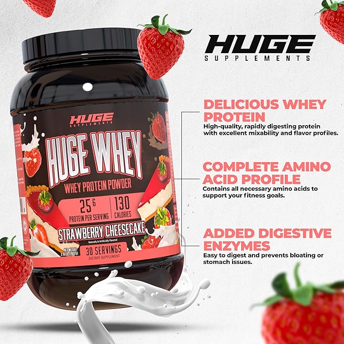 Huge Whey, Protein Powder for Muscle Gain, 25g Protein, 12g EAAs, Supports Muscle Growth, Performance & Recovery (Strawberry Cheesecake, 30 Servings)