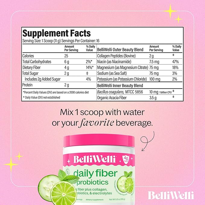 Daily Fiber Supplement with Added Collagen, Probiotics and Electrolytes | Supports Digestive Health and Regularity | Cucumber Lime Mint | 16 Servings