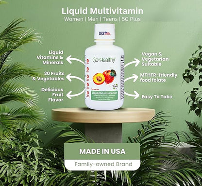 Go Healthy Liquid Multivitamin for Women, Men, Teens, 50 Plus – Vegan Vitamin & Mineral Supplement, Adult Energy & Immune Support, Easy-to-Absorb, Delicious Fruit Flavor – 32 Servings