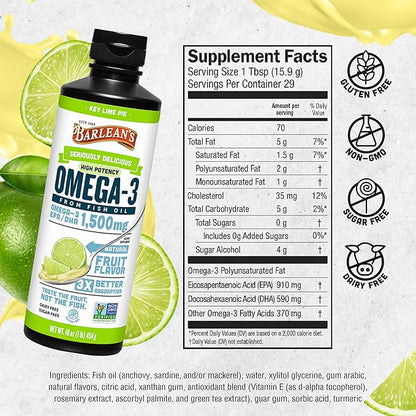 Barlean's Key Lime Pie High Potency Omega 3 Fish Oil Liquid Supplement, 1500mg of EPA & DHA Fatty Acid, Smoothie Flavored & Burpless for Brain, Joint, & Heart Health, 16 oz