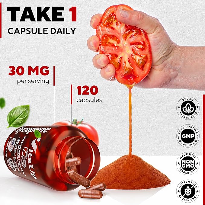 Lycopene Supplement - USA Made Lycopene 30mg - Lycopene Supplements for Men - Prostate Supplements for Men - Lycopene Supplements for Prostate Health, Heart Health & Immune Support - 120 Count