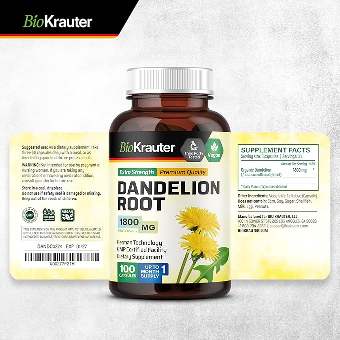 BIO KRAUTER Dandelion Root Capsules - 1800 mg Strength - 100 Count - Dandelion Root Supplement - Vegan Dandelion Powder Capsules for Digestion, Liver Support, Cleansing and Immunity