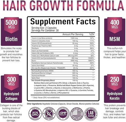 Premium Hair Growth for Women & Men - Hair Growth Vitamins w/ Biotin & Keratin - Prevents Hair Loss & Thinning, Supports Thicker Healthier Hair Growth - Supplement for All Hair Types, 60 Capsules
