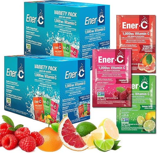 Ener-C Variety Pack Multivitamin Drink Mix Powder Vitamin C 1000mg & Electrolytes with Real Fruit Juice Natural Energy & Immune Support for Women & Men - Non-GMO Vegan & Gluten Free - 60 Count