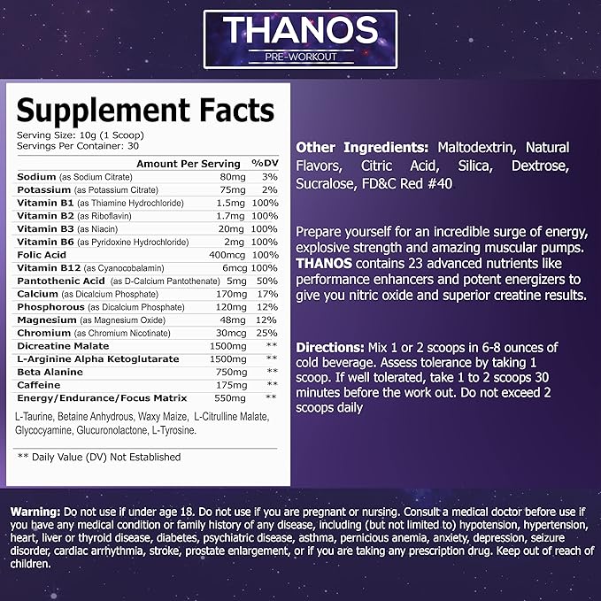 Thanos Pre-Workout Powder | Includes L-Taurine, Betaine Anhydrous, L-Arginine, L-Citrulline Malate & L-Tyrosine | Fruit Punch Flavored PreWorkout | Energy Boost, Pump, & Focus - 30 Servings