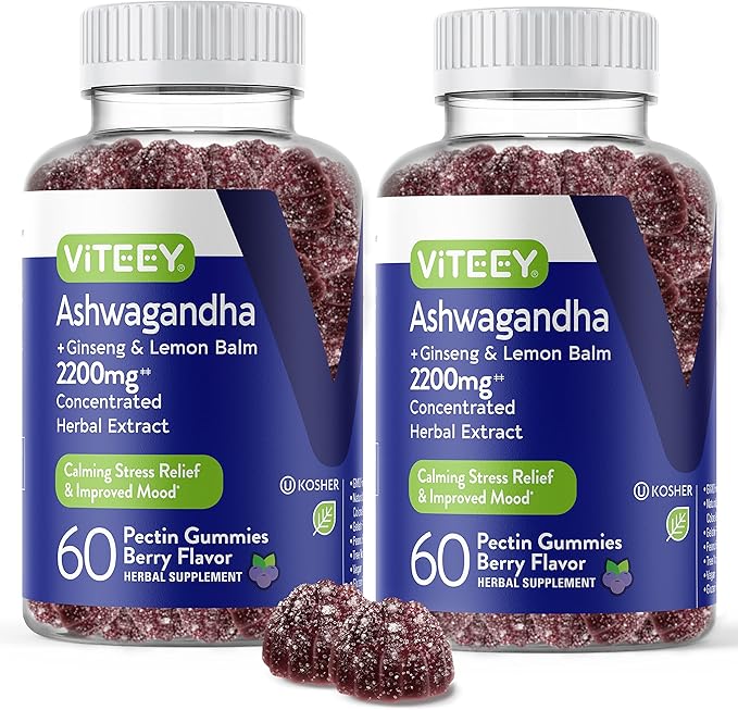 Ashwagandha Supplements Gummies with Ginseng & Lemon Balm Herbal Extract - Ashwagandha Gummies for Calm, Relax, Restore, Unwind - Vegan, Gelatin Free, Gluten Free - Tasty Chewable Berry Flavored