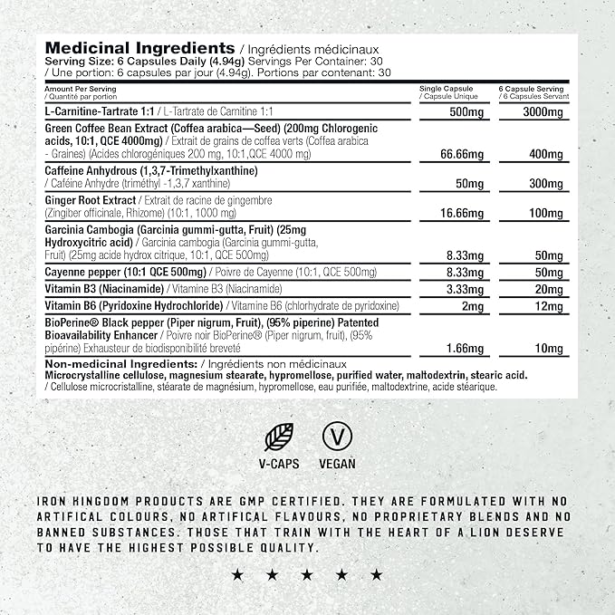 Iron Kingdom Thermo Cuts Thermogenic Burner - Metabolism Booster for Intense Energy Focus & Burn - L-Carnitine & Caffeine Pre Workout Supplement for Men & Women - 180 Capsules