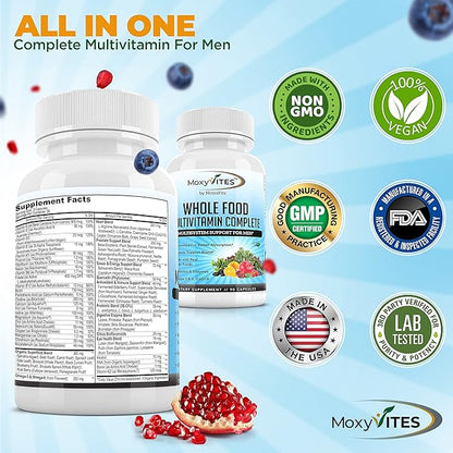 Mens Multivitamins - Daily Mens Vitamins with 44 Organic Whole Food - Multivitamin for Men with Iron & Fermented Nutrients - Vegan Daily Vitamin for Men with B-Complex, Probiotics, Omegas