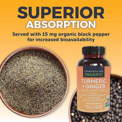 Organic Turmeric Ginger Supplements for Joint Support and Heart Health -1450 mg per Serving Tumeric and Ginger Pills with 150 of Turmeric Standardized to 95% Curcuminoids, 15mg Black Pepper Extract