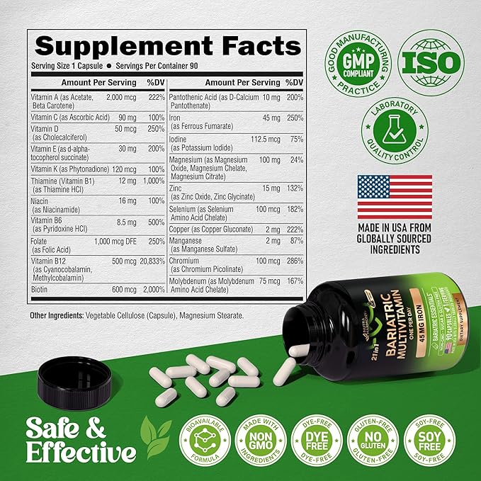 Bariatric Multivitamin - 45 mg Iron Supplements - Made in USA - for Women & Men - All-in-One, 21 Essential Vitamins - Gastric Sleeve Support - Free of Sugar, Gluten & Soy - 90 Capsules