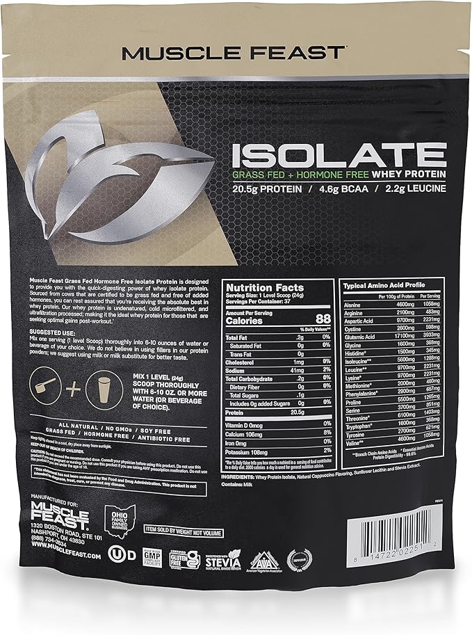 Muscle Feast Grass-Fed Whey Protein Isolate, All Natural Hormone Free Pasture Raised, Cappuccino, 2lb (37 Servings)