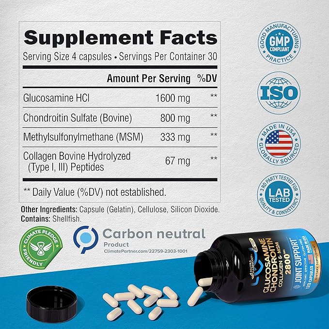Glucosamine Chondroitin MSM Collagen | FSA HSA Eligible | Joint Support Supplement 2800 mg | Made in USA | FSA Approved Product Items | Flexibility Nutritional Vitamins | For Men & Women, 120 Capsules