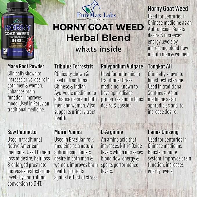 Horny Goat Weed Extra Strength -120 Capsules w. Maca, L-Arginine, Ginseng - Boost Desire, Performance, Stamina, Energy, Non-GMO Formula, 120 Capsules