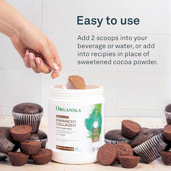 Organika Chocolate Enhanced Collagen - Grass-Fed Collagen with Real Cocoa, Sugar-Free, Type I and III, for Healthy Hair, Skin, Nails, Joints - 17.78 oz