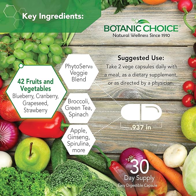 Botanic Choice Mega Fruits and Veggies Blend - 42 Fruit & Vegetable Superfood Capsules - Elderberry, Chlorella, Kale - Supplements - 60 Capsules