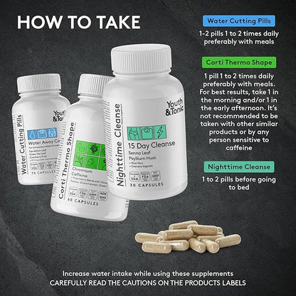 Youth & Tonic Sculpt Shred Cleanse Detox 3X Weight Loss Pills: Appetite Suppressant, Fat Burner, Energy Booster & Nighttime Cleanse for Diet – 120 Pills