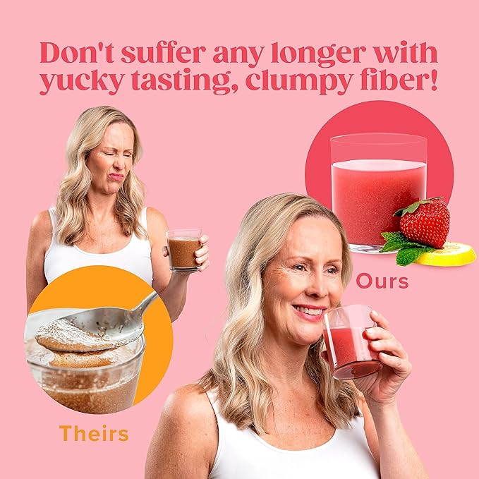 FiberDaily Delicious Fiber Powder - Organic Psyllium Husk, Agave Inulin & Sunfiber® Guar Gum Strawberry Lemonade Drink, Sugar-Free, Soluble Fiber, Prebiotic Fiber Supplement, Vegan, 30 Servings