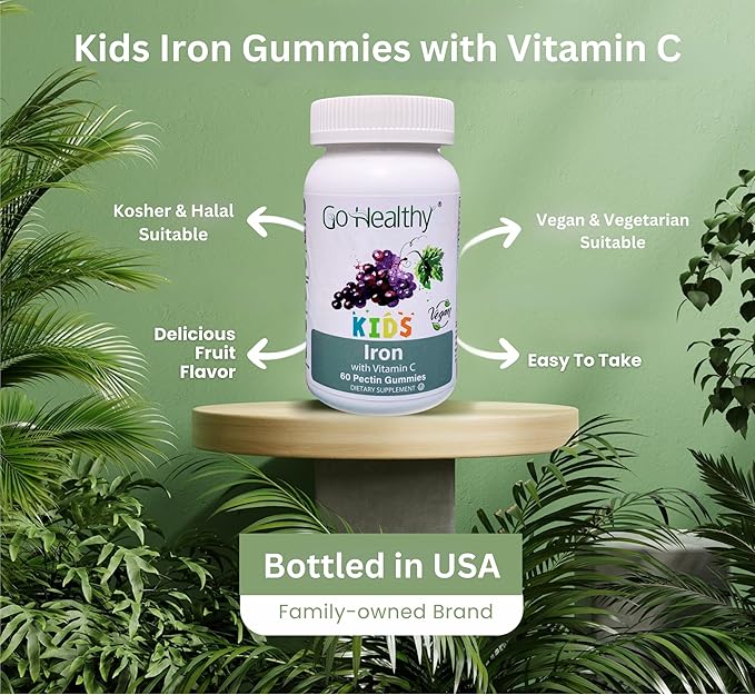 Go Healthy Iron Gummies for Kids, Toddlers, Teens with Vitamin C, Vegan Supplement - Children's Energy, Brain & Immune Support - Grape Flavor, Gluten Free, Kosher, Halal - 30 Servings