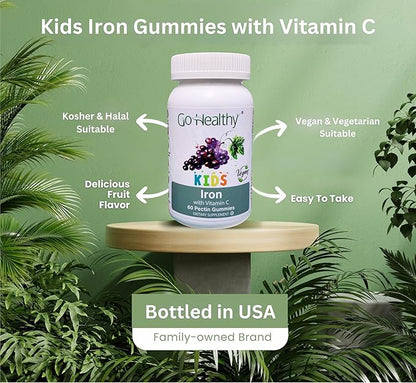 Go Healthy Iron Gummies for Kids, Toddlers, Teens with Vitamin C, Vegan Supplement - Children's Energy, Brain & Immune Support - Grape Flavor, Gluten Free, Kosher, Halal - 30 Servings