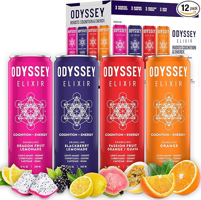 Odyssey Elixir Functional Beverage - Adaptogen Drink with Lions Mane, Cordyceps, L Theanine & Green Tea Caffeine - for Cognition, Energy & Mood Boost - 0 Added Sugar - Variety Pack - 12 Fl oz, 12 Pack