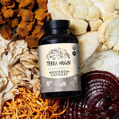 TERRA ORIGIN Healthy Mushroom Capsules | Certified USDA Organic | 90 Veggie Caps | Reishi Mushroom, Lions Mane | Potent Immune Support & Nootropic Brain Supplement |