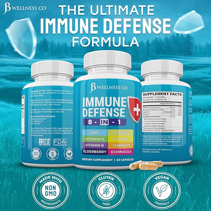 Immune Support 8 in 1 Capsules - Zinc Supplement, Vitamin D3 5000 IU, Vitamin C 1000MG and Elderberry - Immune Booster Ginger Root, and Turmeric - [2-Pack]