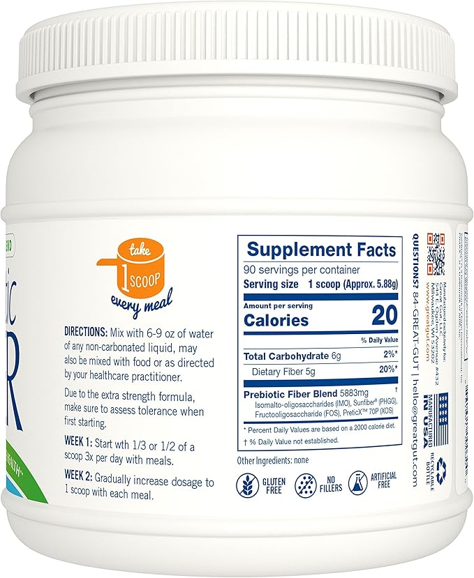 Great Gut - Prebiotic Fiber Powder, Unflavored Prebiotic Fiber with Sunfiber, 18.6 Ounces, 90 Servings