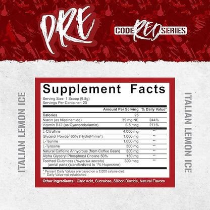 5% Nutrition Code Red Series Pre Workout Powder for Men & Women | Energy, Power, Protein Synthesis & Focus | 300mg Caffeine, L-Citrulline, Glycerol, Taurine, Alpha GPC, Huperzine (Italian Lemon Ice)