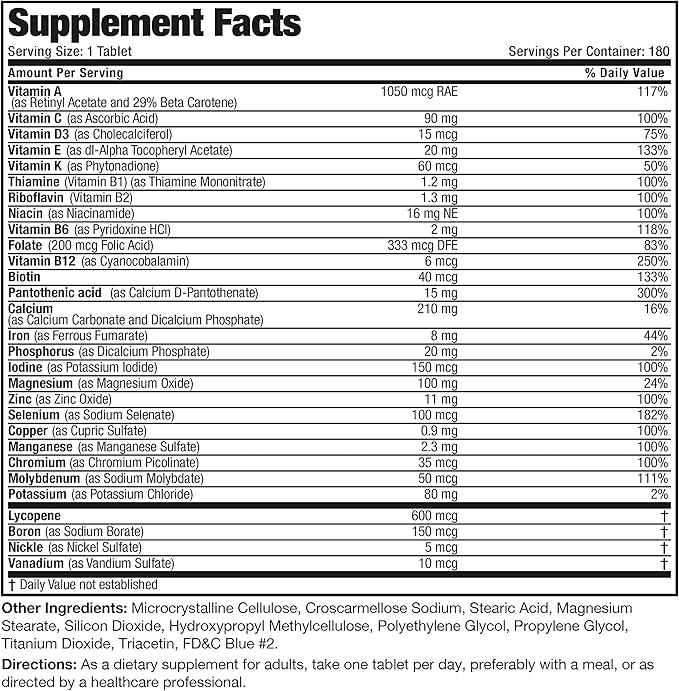Bronson ONE Daily Men’s Complete Multivitamin Multimineral Once-Daily Multi for Active Men, 180 Tablets