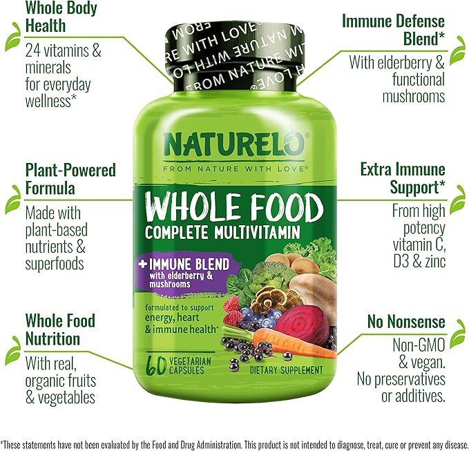 NATURELO Whole Food Multivitamin + Immune Blend with Elderberry & Mushrooms - Complete Multivitamin with Extra Immune Support - C, D3, Zinc, Elderberry, Reishi, Shitake - 60 Vegan Capsules (Pack of 2)