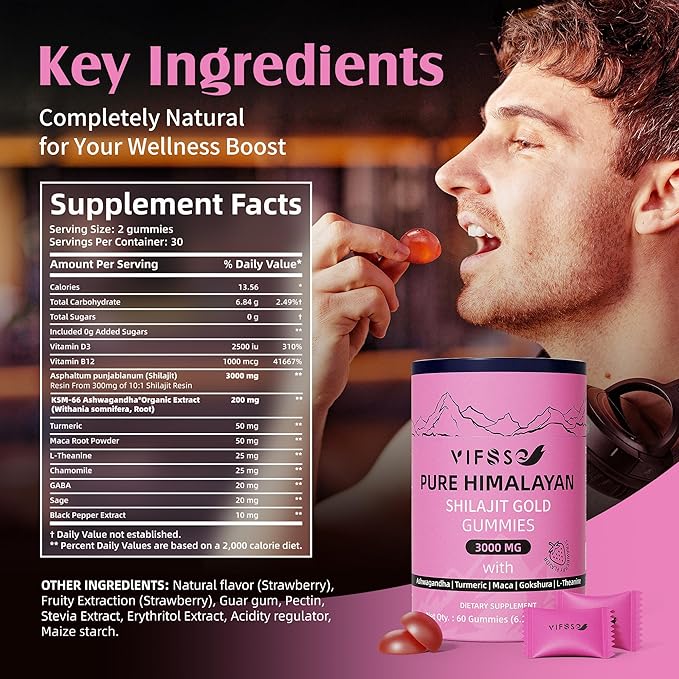 Shilajit Gummies, 3000 Mg Shilajit Pure Himalayan Organic with Ashwagandha, Turmeric Sugar-Free Gummies for Men and Women, Shilajit Supplement, Non-GMO Nature Shilajit for Energy, 60 Gummies