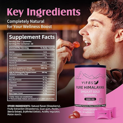 Shilajit Gummies, 3000 Mg Shilajit Pure Himalayan Organic with Ashwagandha, Turmeric Sugar-Free Gummies for Men and Women, Shilajit Supplement, Non-GMO Nature Shilajit for Energy, 60 Gummies