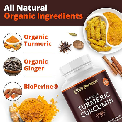 Life's Fortune Organic Turmeric Curcumin with Black Pepper and Ginger, Enhanced Absorption, Extra Strength Supplement, Joint & Immune Support, Non-GMO, 90 Cap - 2250mg