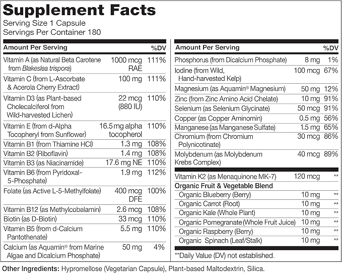 NATURELO One Daily Multivitamin for Men - with Vitamins & Minerals + Organic Whole Foods - Supplement to Boost Energy, General Health - Non-GMO - 180 Capsules
