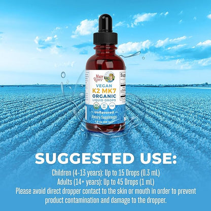 MaryRuth Organics USDA Organic Vitamin K2 MCT Liquid Drops for Adults & Kids | 100 mcg K2 MK7 per serving + Organic MCT Oil | Vegan K2 Vitamin for Bone Health | Heart Health | Calcium Absorption | 1oz