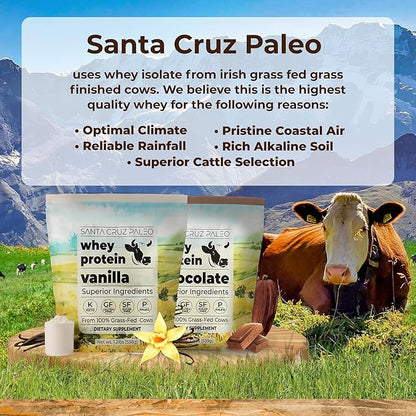 Santa Cruz Paleo Whey Protein Powder, Vanilla, 20g Grass Fed Whey Protein Isolate Per Serving, Gluten Free, Keto, Sugar Free, Paleo, Natural, Post Workout Muscle Support, 20 Servings, 1.2lb Bag
