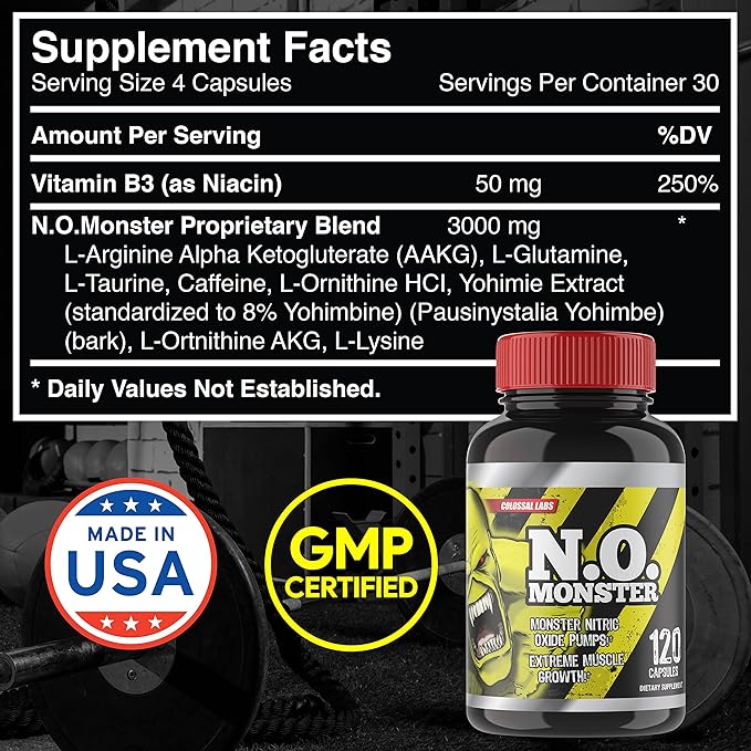 N.O. Monster Nitric Oxide Booster with L-Arginine – Extreme Pumps for Strength, Muscle Growth, Pre-Workout Support – Boost Energy, Stamina & Endurance – 120 Capsules, Made in The USA