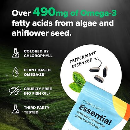 Complement 2 Month Supply Vegan Multivitamins for Women & Men (180 Capsules) Omega 3 DHA+EPA, Vitamin B12, Vitamin D3 K2, Zinc, Selenium, Magnesium, Iodine Supplement- Made in USA, 60 Servings