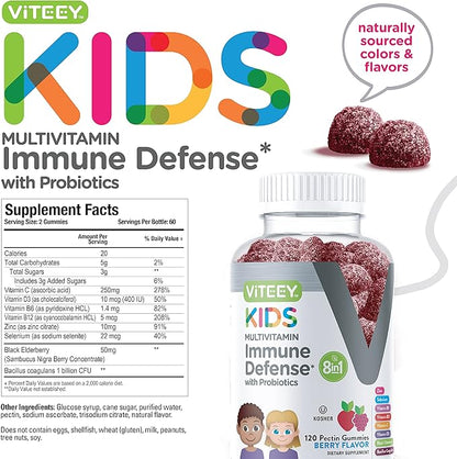 Kids Multivitamin Gummies with Probiotics - 8-1 Kids Vitamins for Immune Health Support with Vitamin C, D3, B12, B6, Zinc, Elderberry, Selenium - Vegetarian - Chewable Tasty Berry Flavored Gummy