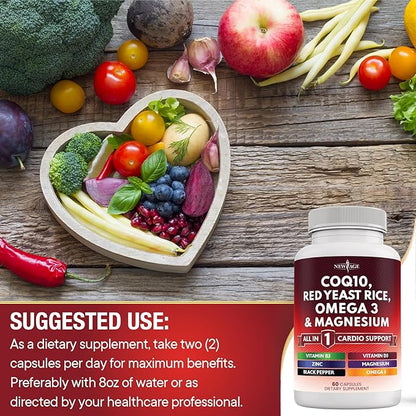 NEW AGE COQ10 200mg Red Yeast Rice Omega 3-6-9 Magnesium Complex Zinc Vitamin K2 D3 - Heart Health Support Vitamins for Women and Men with Vitamin B3, Coenzyme Q10-180 Count