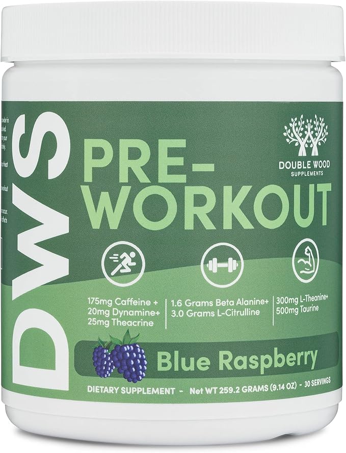 Pre Workout Powder for Men & Women (30 Servings of Caffeine, Beta Alanine, L-Citrulline, Dynamine, L-Theanine, Taurine, Theacrine, & More) Preworkout Powder with Scoop by Double Wood (Blue Raspberry)