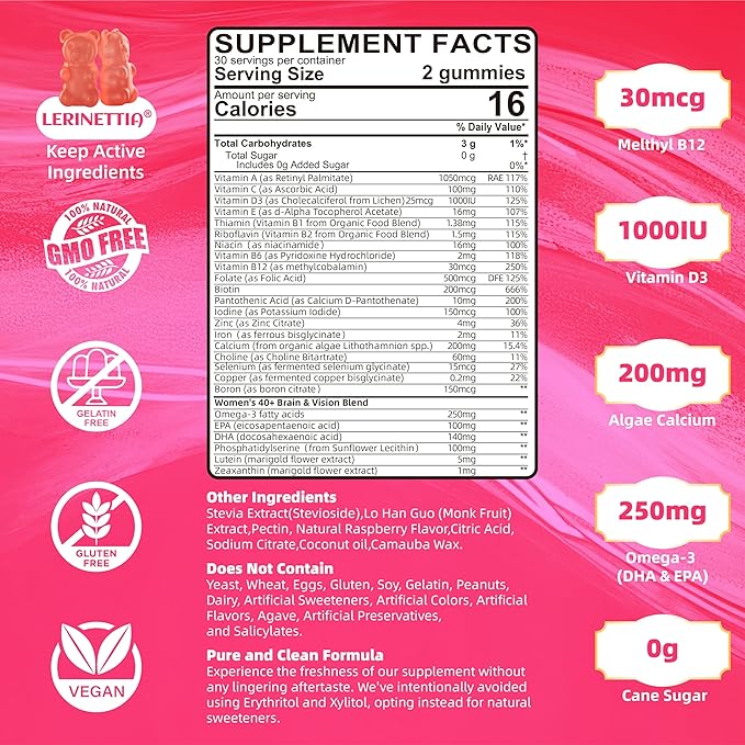 Multivitamin for Women Gummies for 40+ with Omega-3, Niacinamide, B-Complex, Lutein, Iron, Choline, Phosphatidylserine, Vitamin D3 for Skin, Hair, Energy, Immune, Bone - Vegan, Sugar Free, 120Cts