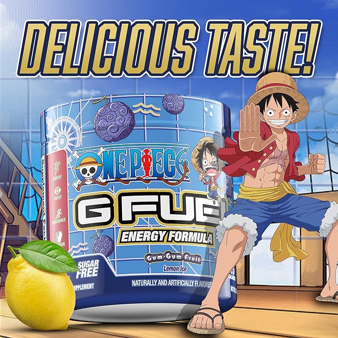 G Fuel ONE Piece Gum-Gum Fruit Energy Drink Powder, Pre Workout Caffeine Powder, Energy Powder Drink Mix for Gaming, Sugar Free Focus Amino, Vitamin + Antioxidants, 3.7oz (Lemon Ice, 15 Servings)
