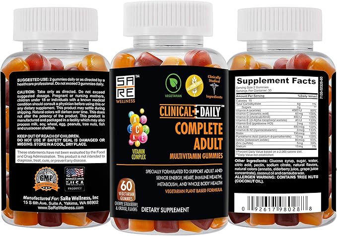 Clinical Daily Complete Daily Multivitamin Gummy for Women, Men, Teens, or Seniors. Contains Vitamins A, E, C, and B Complex from Superfood Fruits & Vegetables. 60 Vegetarian, Gluten Free Gummies