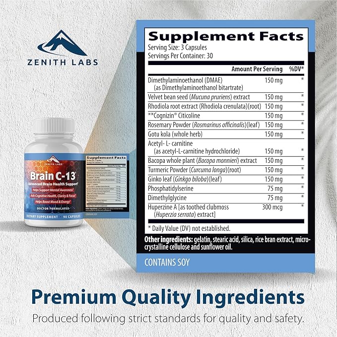 Brain C-13 Cognitive Booster Supplement by Zenith Labs - Natural Brain Health Support - Supports Memory, Focus, Concentration - Mental Clarity for Men Women