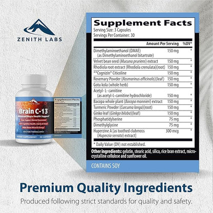 Brain C-13 Cognitive Booster Supplement by Zenith Labs - Natural Brain Health Support - Supports Memory, Focus, Concentration - Mental Clarity for Men Women