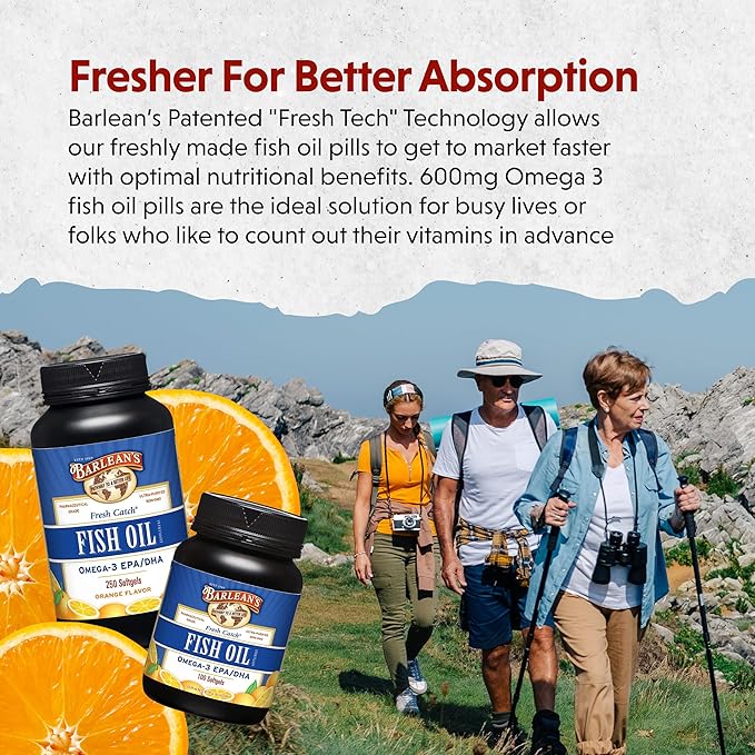 Barlean's Fish Oil Omega 3 Supplement, EPA & DHA Fatty Acid Softgels for Joint, Brain, & Heart Health, 1000mg Orange Flavored Fish Oil Pills, 100 Count