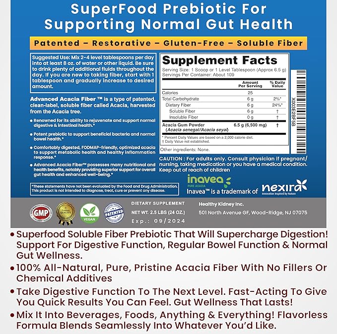 Kidney Restore Acacia Fiber Powder Prebiotic Soluble Fiber Powder Perfect Bathroom Trips, Digestion, IBS Relief, Leaky Gut Repair 24oz w/Scooper