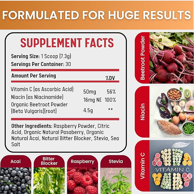 healblend Organic Beet Root Powder with Raspberry Powder, Organic Natural Acai, Vitamin C, Niacin, Berry Flavored, 30 Day Supply